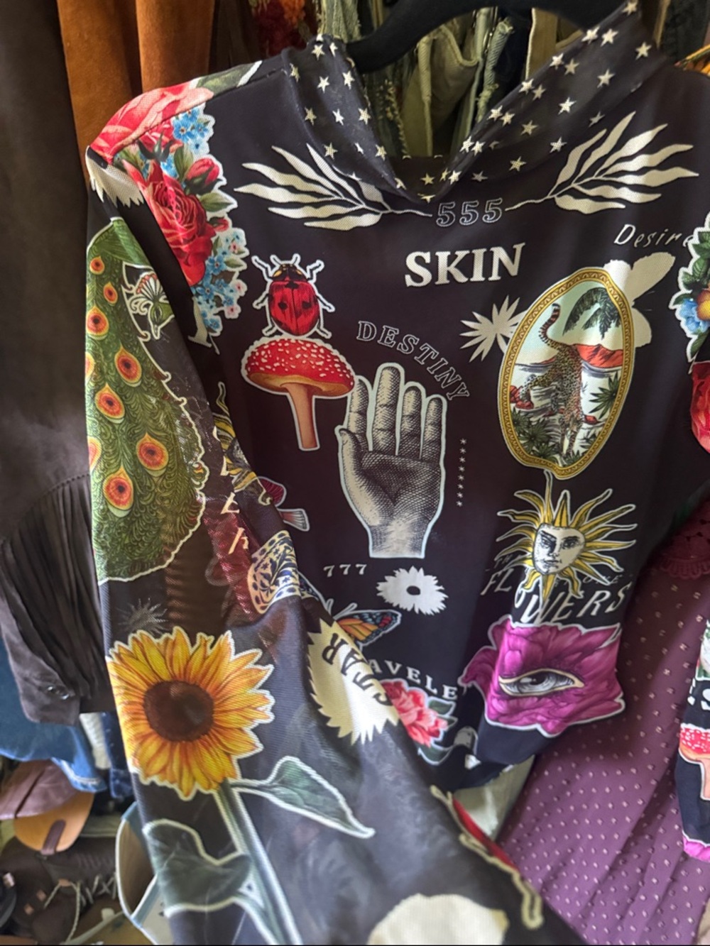 Agua Bendita Black Multi-Graphic Long-Sleeve Bodysuit/swimsuit. Sheer sleeves. - Picture 2 of 4